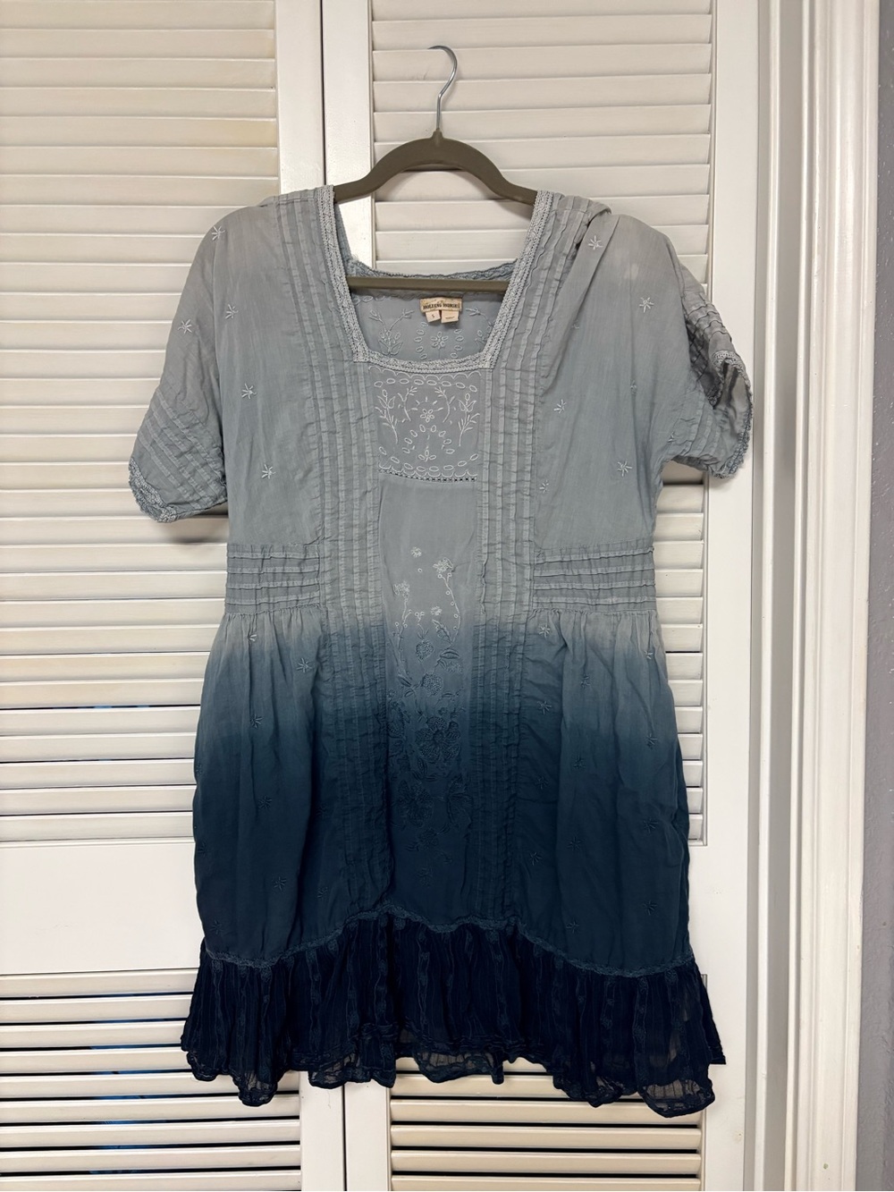 Boho Ombre Embroidered Tunic Dress - Light to Dark Blue